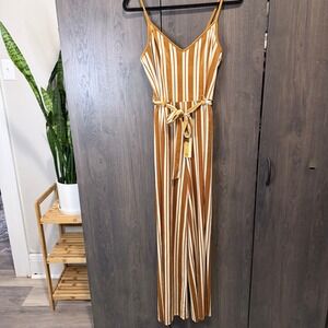 Forever 21 Mustard Yellow White Striped Velvet Wide Leg Jumpsuit Medium